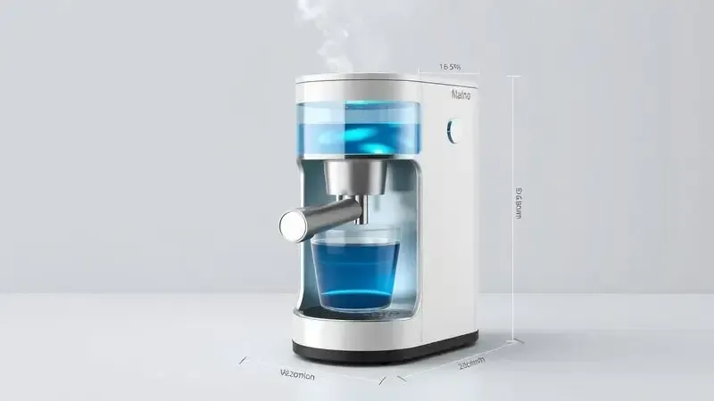 Ilustração 3D do design compacto de cafeteira com reservatório de água transparente destacado.