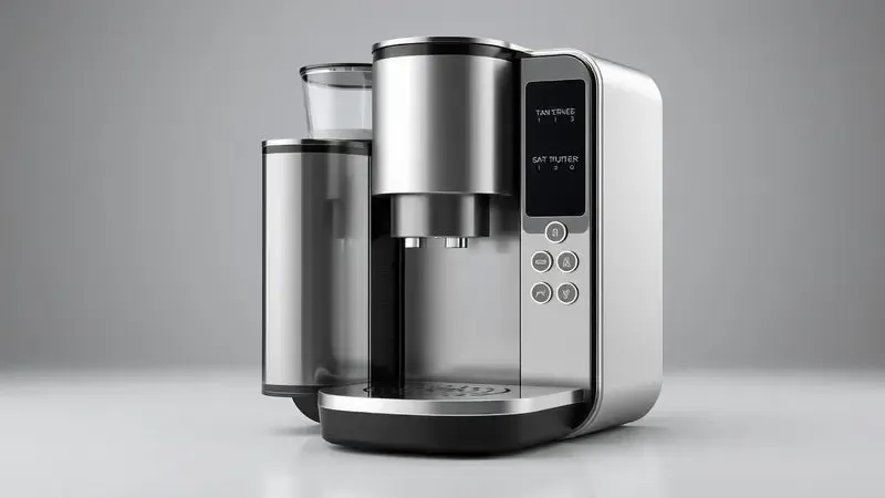 Render 3D realista dos detalhes de construção de uma cafeteira de cápsulas moderna com painel de controle e mecanismo de inserção.