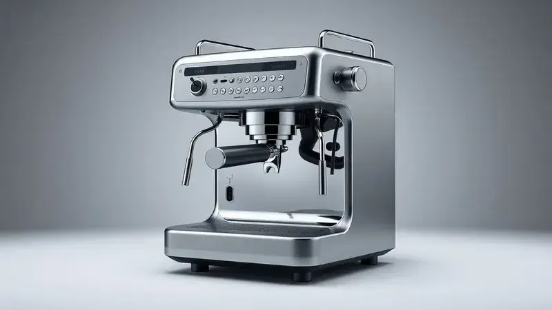 Design moderno e compacto de cafeteira espresso com detalhes em cromo e construção robusta para uso doméstico.