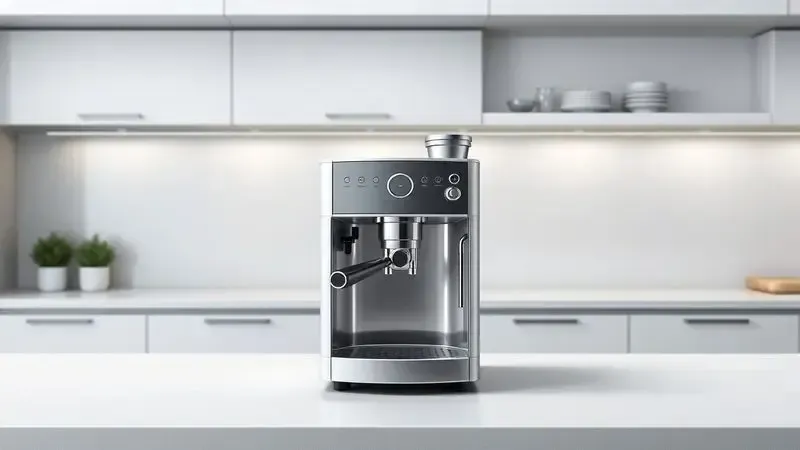 Ilustração conceitual do design moderno e construção da cafeteira com linhas limpas e materiais de qualidade