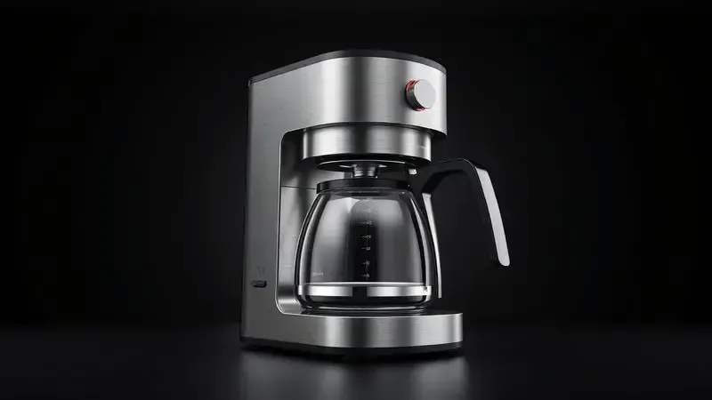 Ilustração artística em close-up da construção em inox de uma cafeteira, mostrando textura e design minimalista.