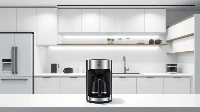 Cafeteira integrada em cozinha moderna minimalista com design contemporâneo e linhas limpas, conceito de estilo.