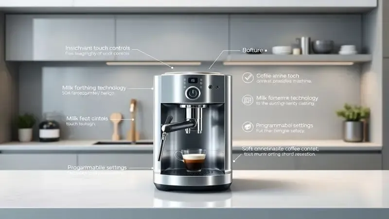 Ilustração 3D de design elegante de cafeteira com funções inovadoras em bancada de cozinha moderna