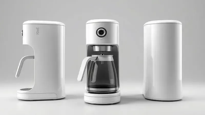 Render 3D artístico do design e estética de uma cafeteira moderna, mostrando linhas e construção