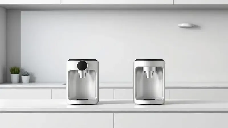 Conceito de design minimalista mostrando duas formas distintas de cafeteiras compactas em bancada moderna