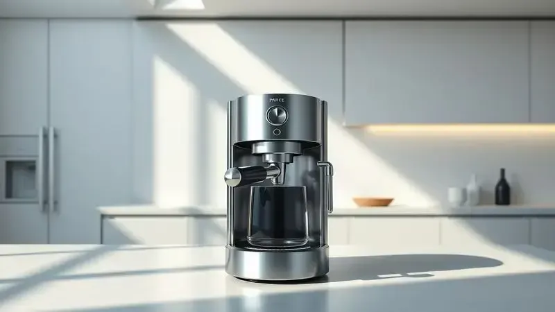 Ilustração conceitual de design minimalista com cafeteira inox em ambiente de cozinha arquitetônica moderna.