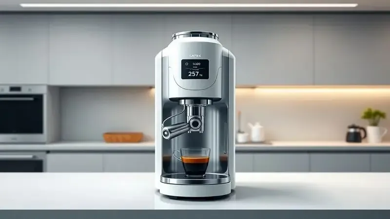 Ilustração conceitual de cafeteiras com design moderno e autonomia em ambiente de cozinha contemporânea