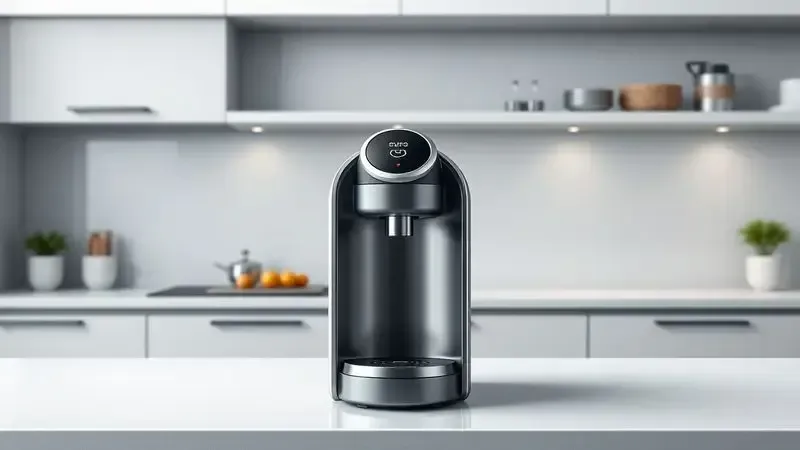 Ilustração conceitual de uma cafeteira de cápsulas com design moderno e minimalista em um balcão de cozinha.