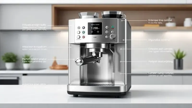 Ilustração de design moderno de cafeteira com aço inox e controles intuitivos em ambiente conceitual.