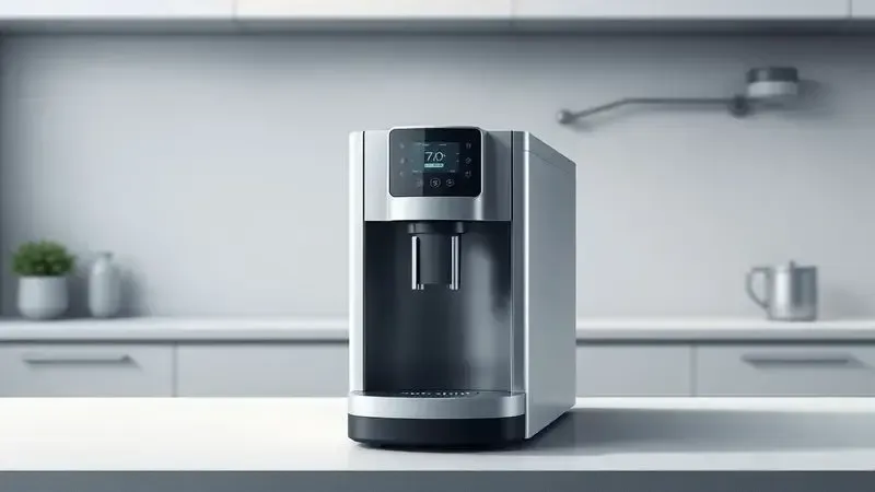Ilustração digital de cafeteira automática compacta com design moderno em modo stand-by em cozinha conceitual.