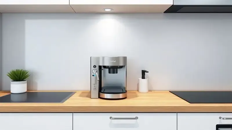 Ilustração conceitual de cafeteira compacta em bancada de cozinha com design moderno e economia de espaço.