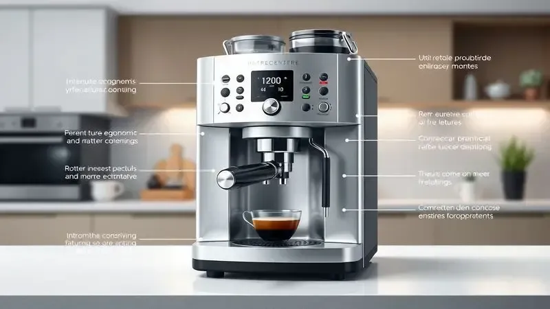 Ilustração conceitual de design moderno de cafeteira com controles intuitivos em ambiente contemporâneo