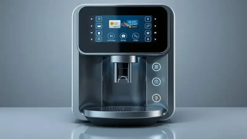 Ilustração conceitual de interface touchscreen em cafeteira moderna, mostrando interação do usuário com controles intuitivos e design elegante