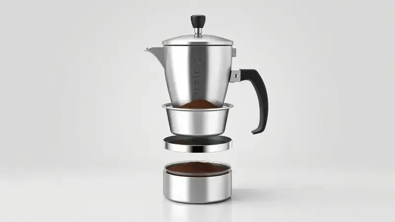 Diagrama conceitual em corte de uma cafeteira moka mostrando suas camadas e estrutura durável