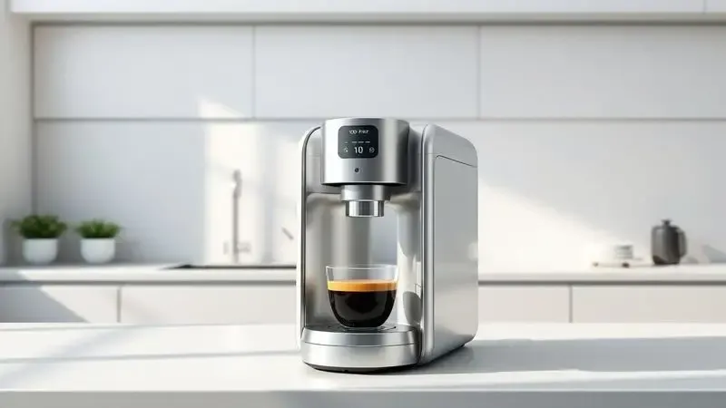 Render 3D artístico de cafeteira compacta com design elegante em cozinha minimalista