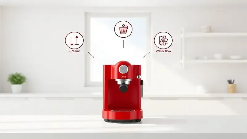 Representação artística de uma cafeteira vermelha em um ambiente de cozinha minimalista, destacando facilidade de uso.
