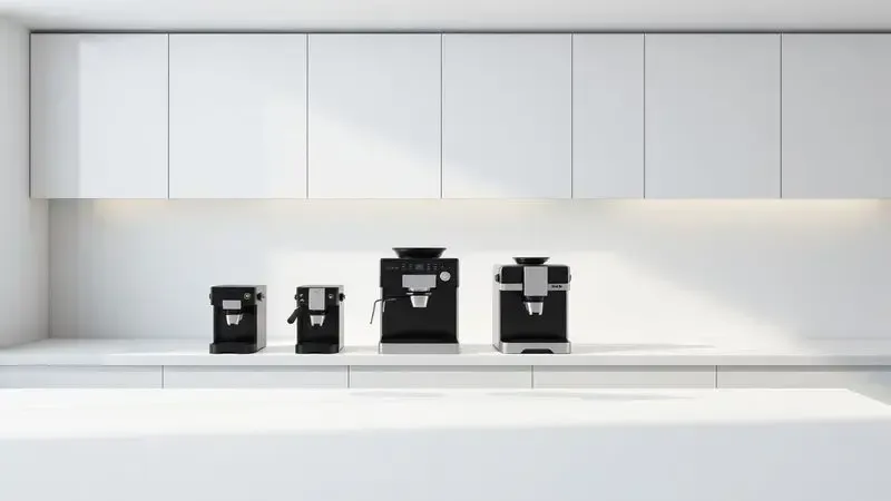 Comparação de tamanho e design entre diferentes modelos de máquinas de café em cápsula em cozinha moderna.