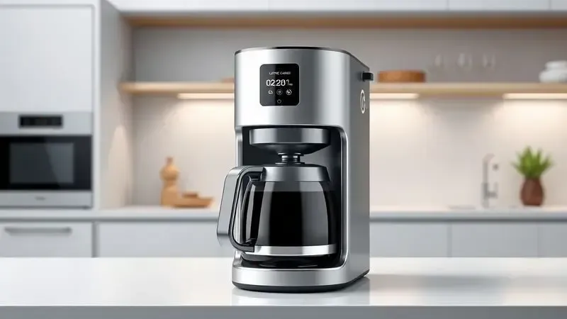 Ilustração conceitual de cafeteira digital moderna com jarra térmica em ambiente de cozinha.
