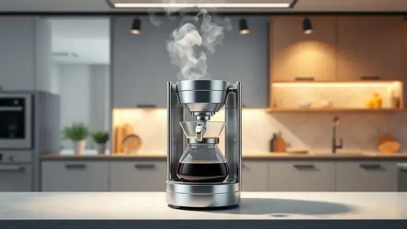 Ilustração conceitual de cafeteira de grande capacidade em cozinha moderna servindo café fresco.