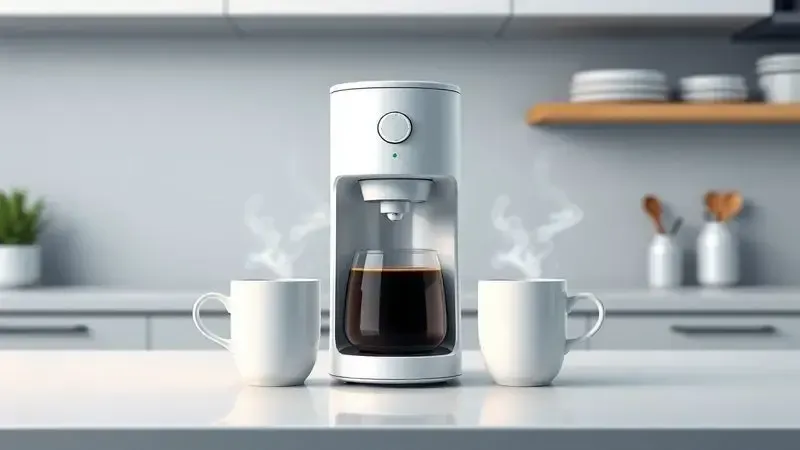 Ilustração conceitual de cafeteira moderna com duas xícaras fumegantes em cozinha minimalista