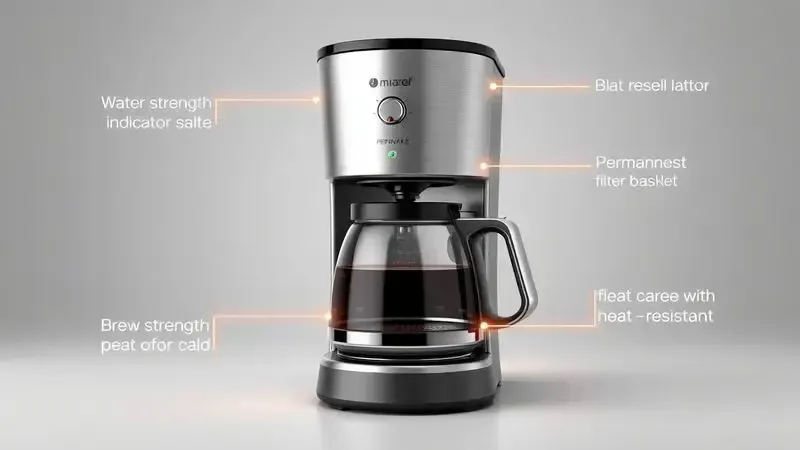 Ilustração conceitual dos principais recursos de uma cafeteira, como indicador de água e seletor de intensidade.