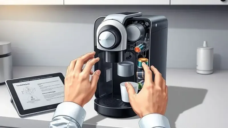 Ilustração conceitual de diagnóstico de problemas em cafeteira Dolce Gusto com componentes internos visíveis