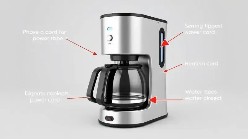 Ilustração conceitual de diagnóstico de problemas em cafeteira elétrica com setas indicativas