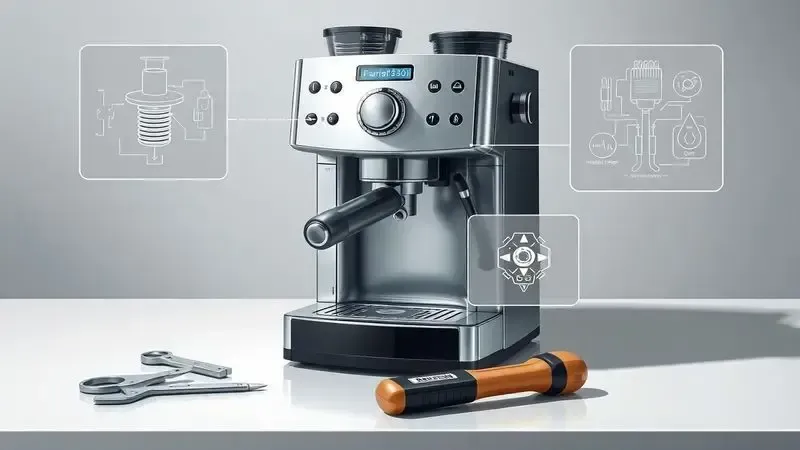 Ilustração artística de diagnóstico técnico com áreas problemáticas destacadas em cafeteira de cápsulas