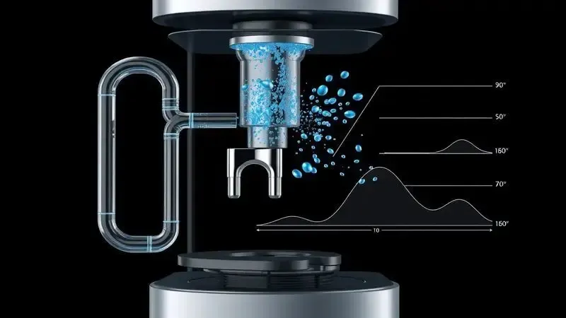 Render 3D artístico de diagrama conceitual mostrando fluxo de água e curvas de pressão em máquina de espresso.
