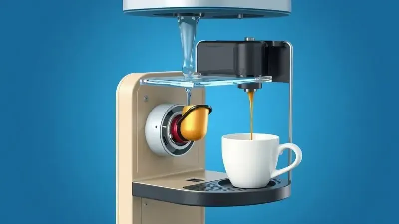 Diagrama conceitual em corte de uma máquina de café mostrando água, cápsula e café espresso pingando na xícara.
