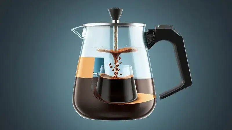 Diagrama conceitual em corte da extração de café por pressão na cafeteira italiana