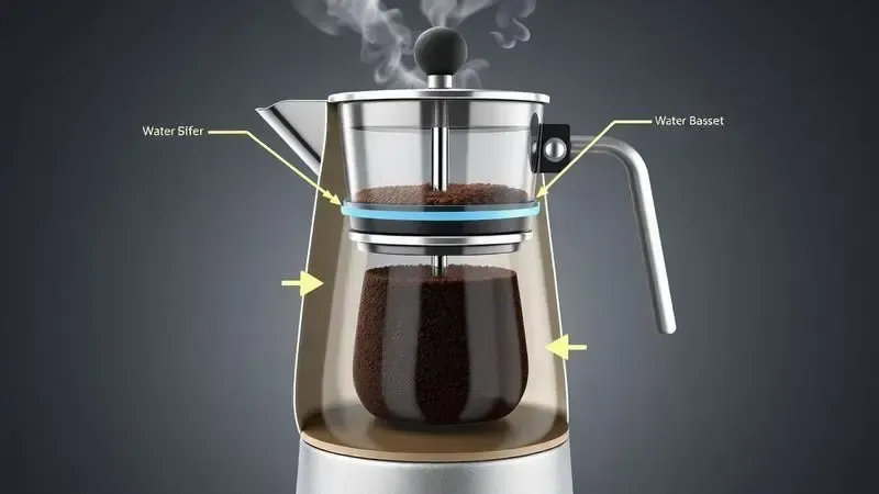 Diagrama em corte 3D mostrando como funciona uma cafeteira italiana com setas indicando o processo de preparo