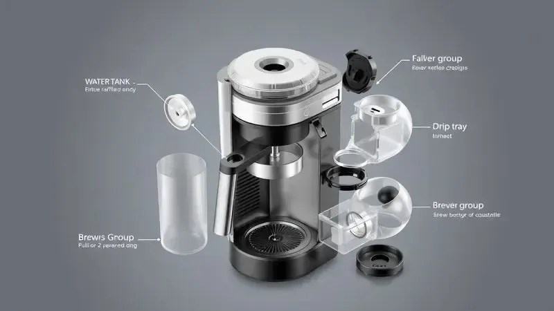 Diagrama conceitual em 3D de peças removíveis de uma cafeteira para limpeza, como tanque de água e bandeja.