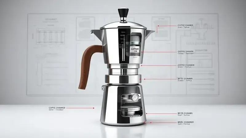 Diagrama técnico ilustrativo mostrando componentes internos de uma cafeteira italiana estilo moka