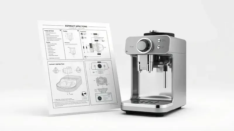 Diagrama técnico e blueprint de cafeteira espresso compacta mostrando componentes internos e especificações.