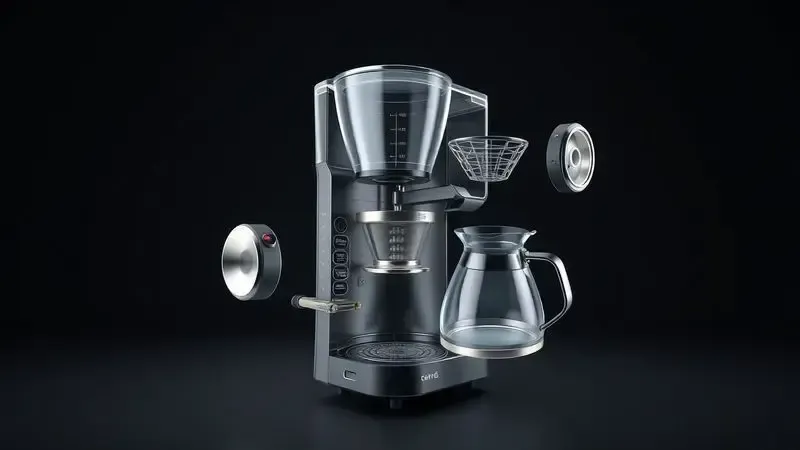Diagrama conceitual de vista explodida mostrando componentes internos de cafeteira gourmet sem marca