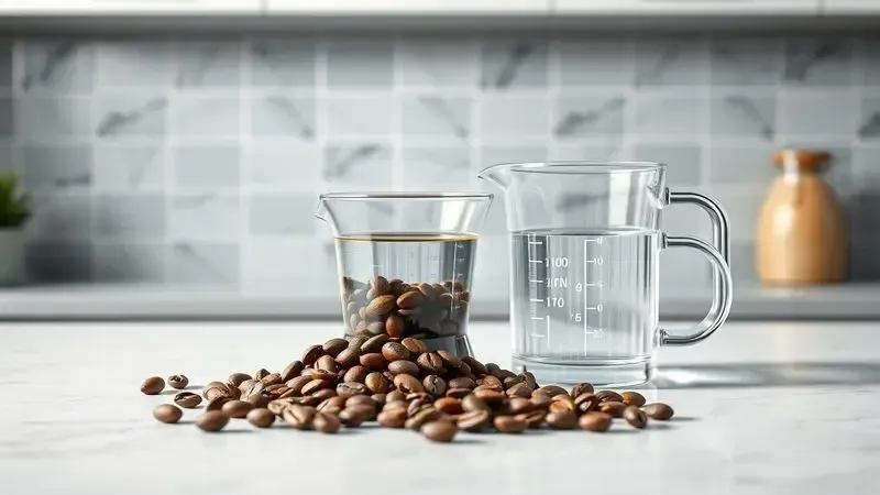 Representação artística de ingredientes de qualidade para café perfeito: grãos frescos, água filtrada e medidas precisas em superfície limpa.