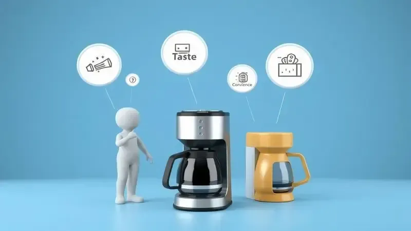 Ilustração artística do processo de escolha da melhor cafeteira com base em características