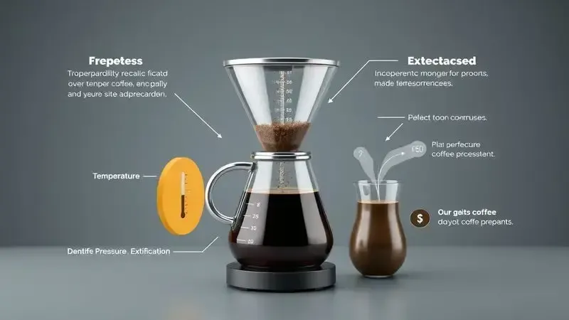 Processo de extração ideal do café mostrando temperatura, pressão e fluxo adequados