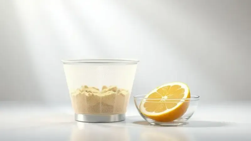 Render 3D artístico de um filtro limpo e ingredientes para limpeza, representando dicas para remover gosto de café.