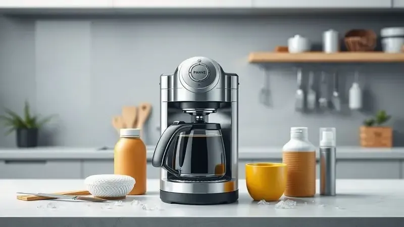 Ilustração conceitual sobre limpeza e manutenção de cafeteiras mostrando processo de descalcificação de forma artística