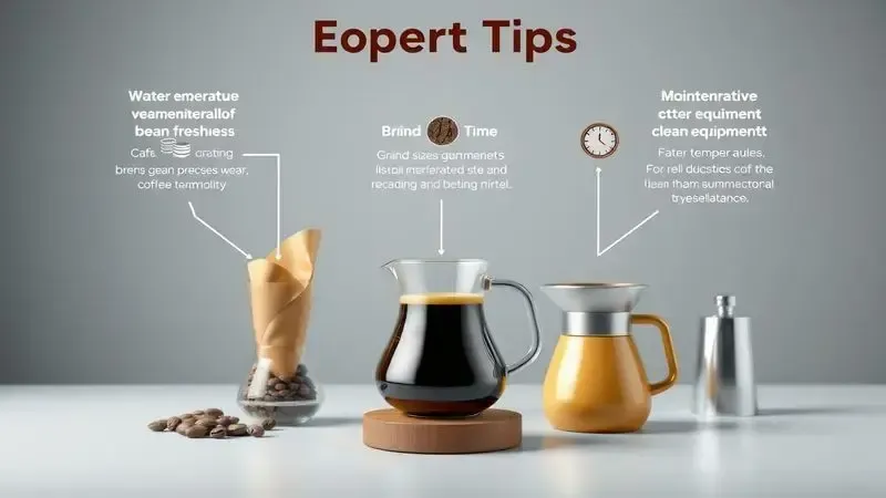 Cena conceitual ilustrando cinco elementos-chave para preparar café profissional em casa com dicas de mestre.
