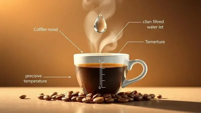 Elementos conceituais para café de qualidade: grãos frescos, água filtrada, temperatura precisa e aroma