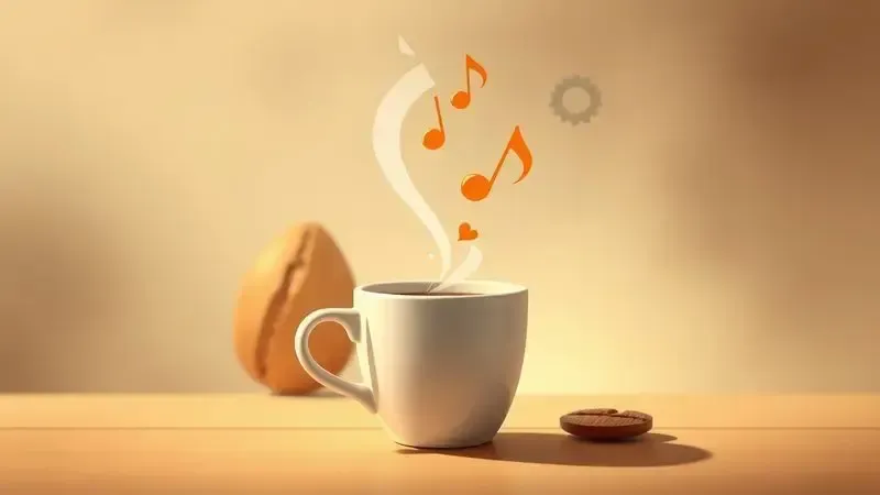 Ilustração conceitual do vapor de café formando notas musicais e um coração, representando dicas para um café saboroso.