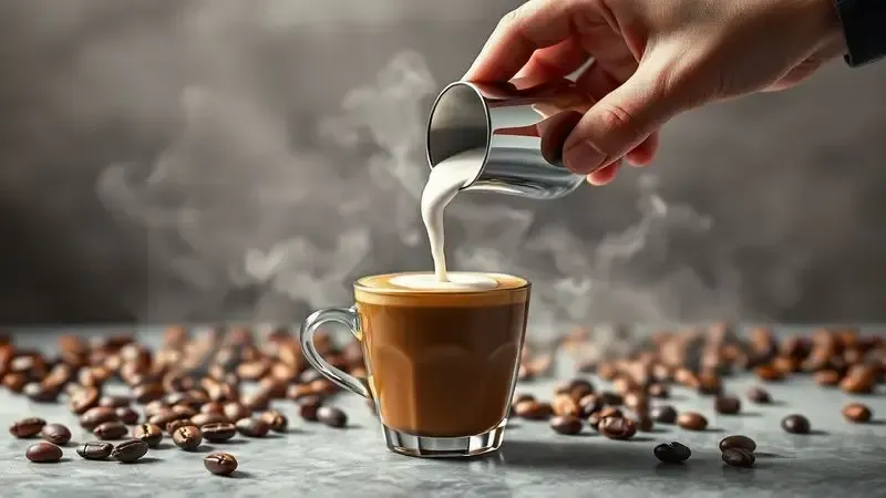 Ilustração 3D de dica para preparar cappuccino: mão despejando leite vaporizado na xícara.