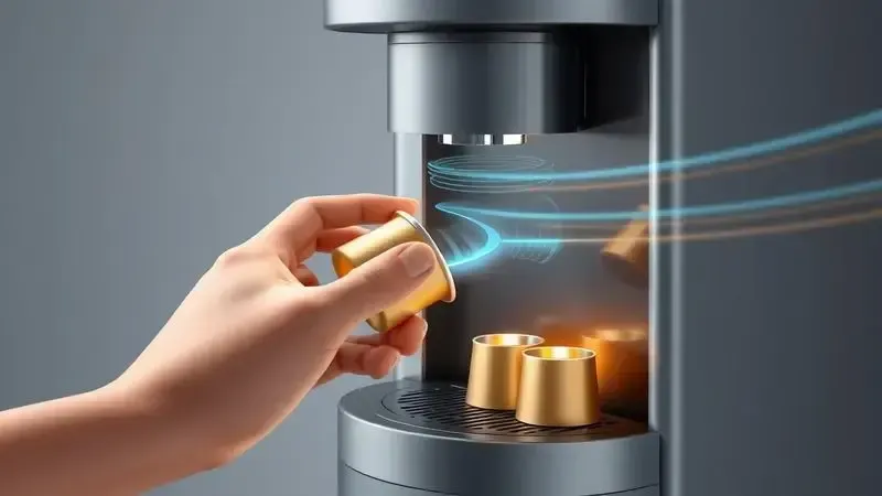 Render 3D artístico mostrando dicas de uso como inserção da cápsula e controle de fluxo de água na cafeteira