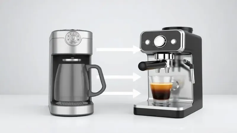Comparação visual entre cafeteira elétrica e máquina de espresso mostrando diferenças conceituais