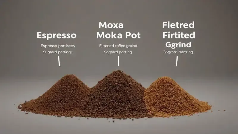 Ilustração comparativa mostrando três diferentes tamanhos de moagem: espresso, cafeteira italiana e filtrado