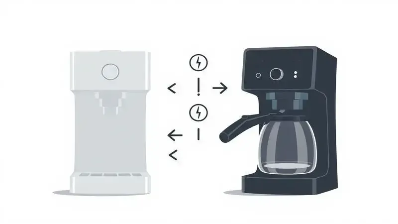 Ilustração comparativa conceitual destacando os quatro pontos principais de diferença entre dois modelos de máquina de café.