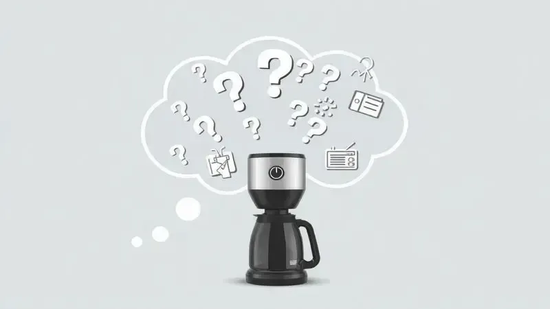 Ilustração conceitual sobre dúvidas frequentes sobre cafeteiras elétricas e suas respostas.